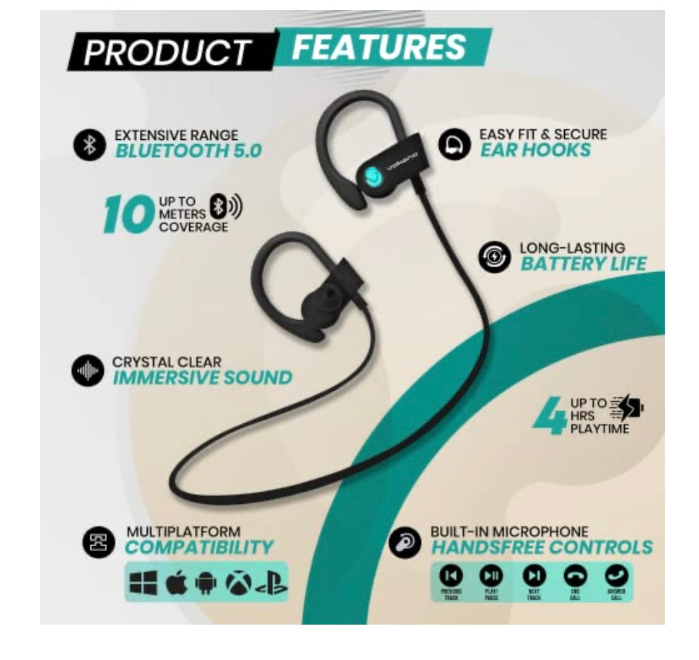 Volkano Race Series Bluetooth Sport Earhook Earphone, Black