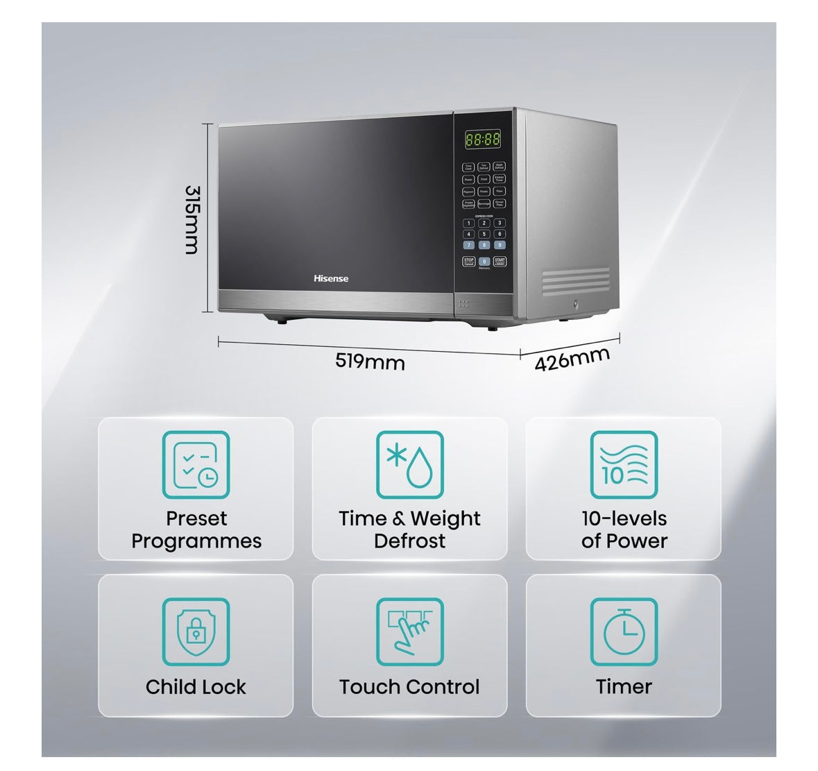 Hisense - 36 Litre Microwave Oven - Mirror Silver
