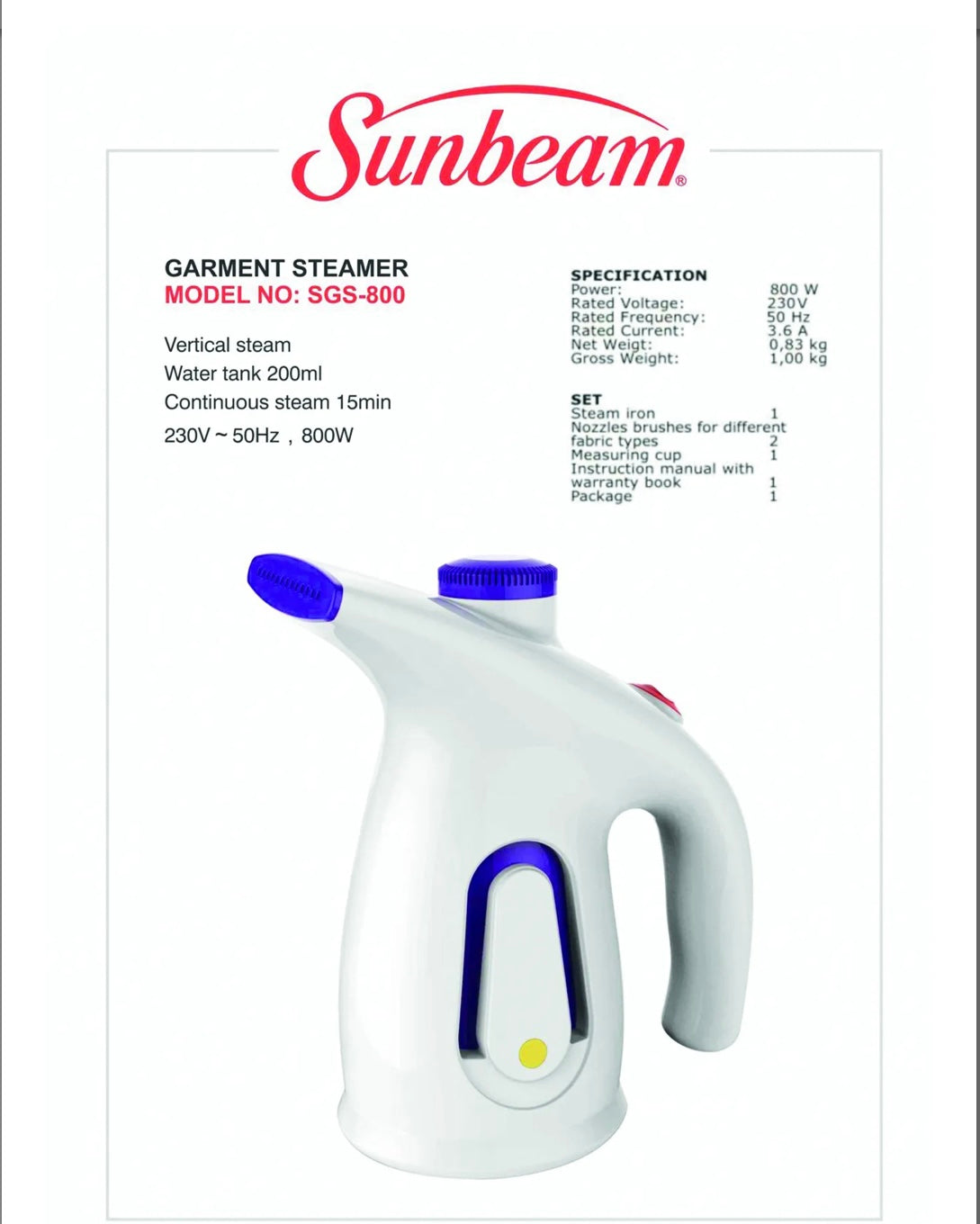 Sunbeam Garment Steamer SGS-800